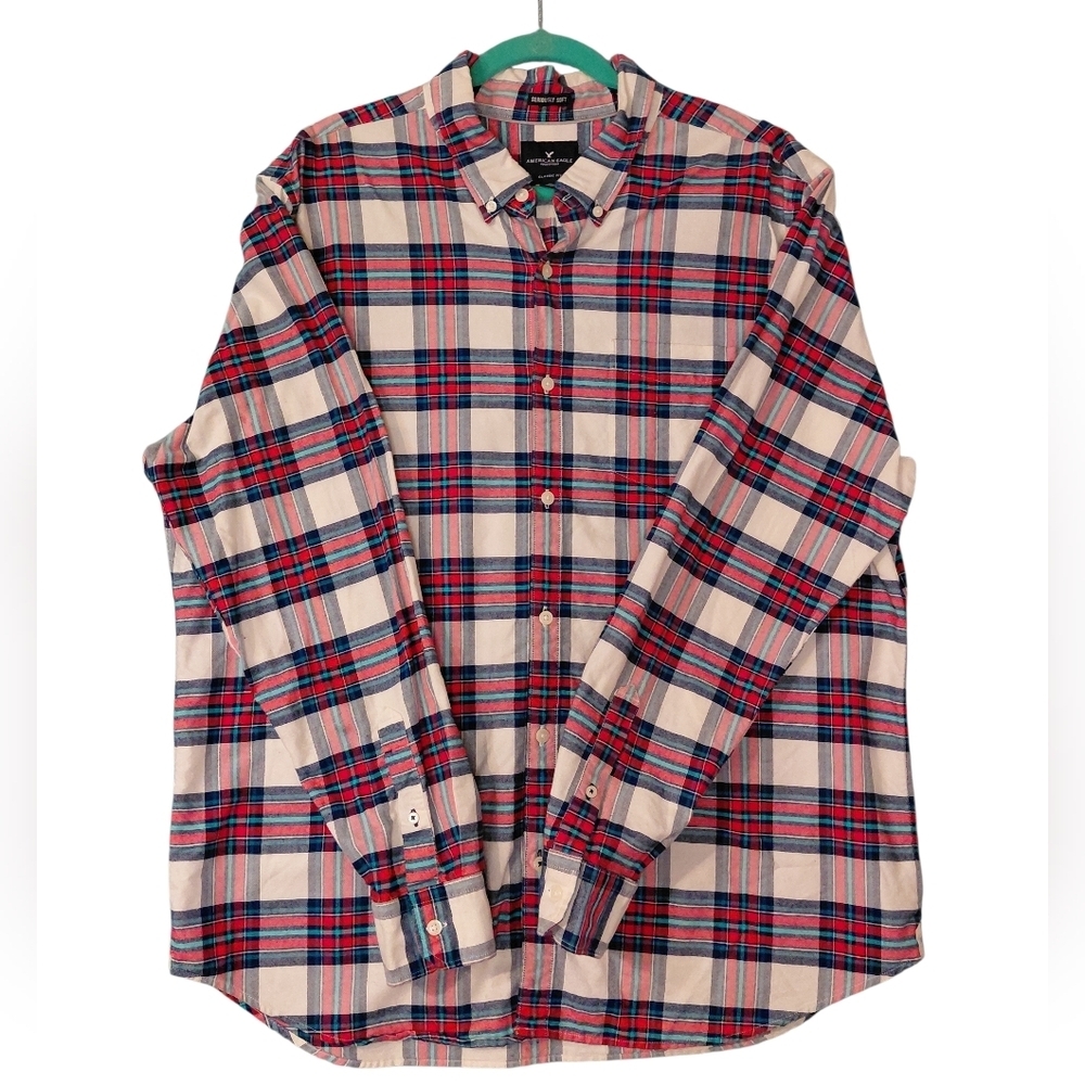 American Eagle Men's Plaid Button Down Shirt Long Sleeve Red Blue XXL